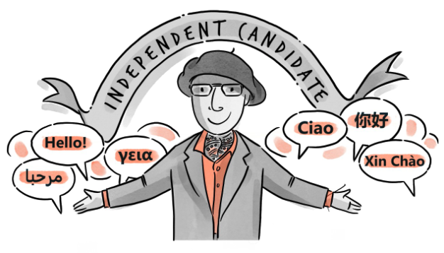 Government communications - A man wearing a hat and glasses with his hands held out to the side with speech bubbles above it saying 'HELLO' in different languages. Above his head is a banner with the words 'INDEPENDENT CANDIDATE'.